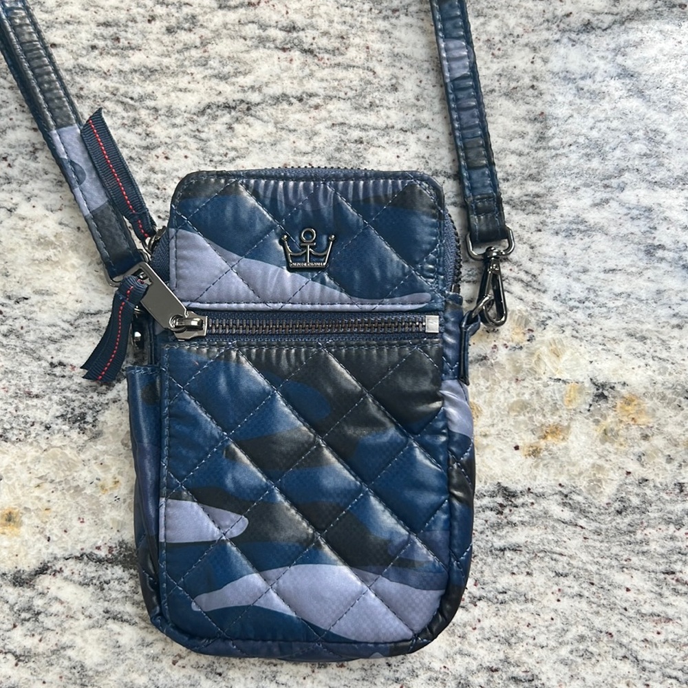 OLIVER THOMAS-Navy camo crossbody for phone, cash and cc